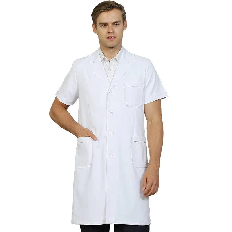 Silky white Showlu anti-static unisex lab coat with tab waist, suitable for pharmacy, dental, and medical professionals.