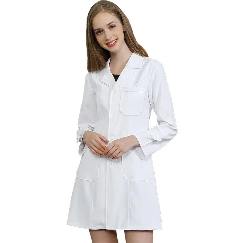 Showlu anti-static unisex lab coat in milk white twill, featuring a silky finish, waist tab, and dual-function design for professionals