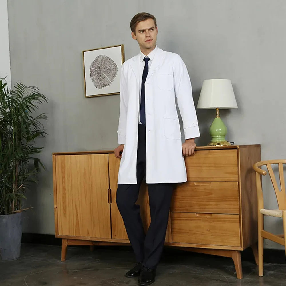 Showlu unisex anti-static lab coat in milk white twill, featuring a silky finish, waist tabs, and dual-function design for medical professionals.
