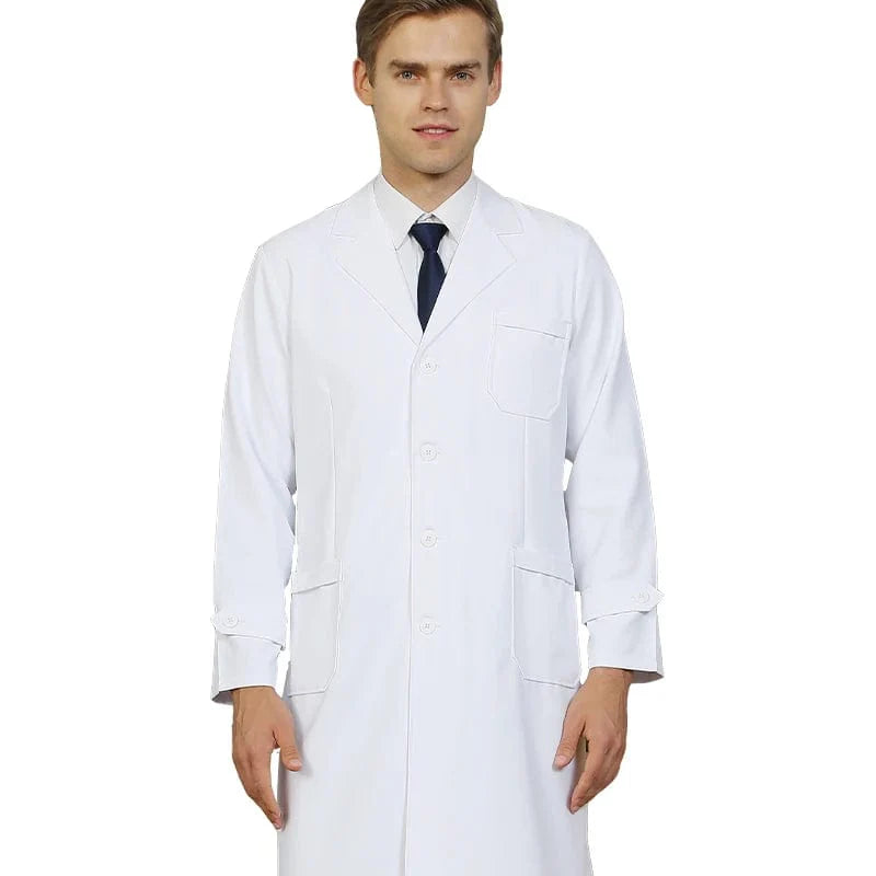 Unisex Showlu Milk White Anti-static Lab Coat with silky fabric, waist tabs, suitable for pharmacy, dental, or medical professionals.