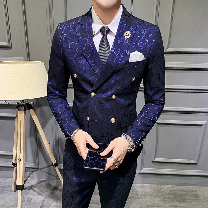 Young man wearing the SHOWLU FASHION STORE original slim fit floral leisure suit with one-button blazer and stylish hair in a nightclub setting.