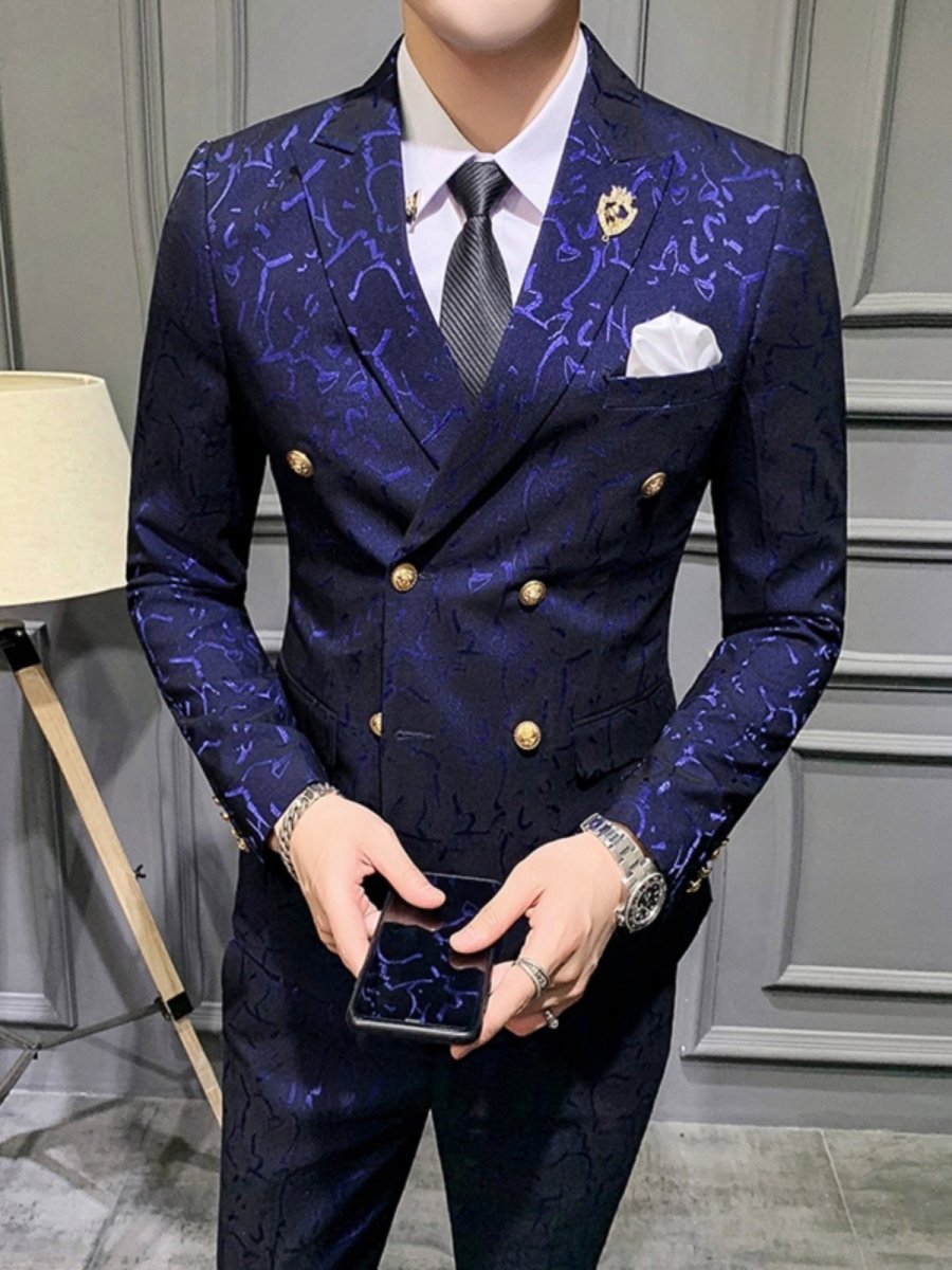Slim fit floral leisure suit blazer for men, featuring a one-button design, worn by a stylish young man in a nightclub setting