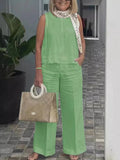 Women's cotton linen two-piece set with sleeveless loose blouse and wide-leg pants, casual summer outfit by Showlu Fashion Store