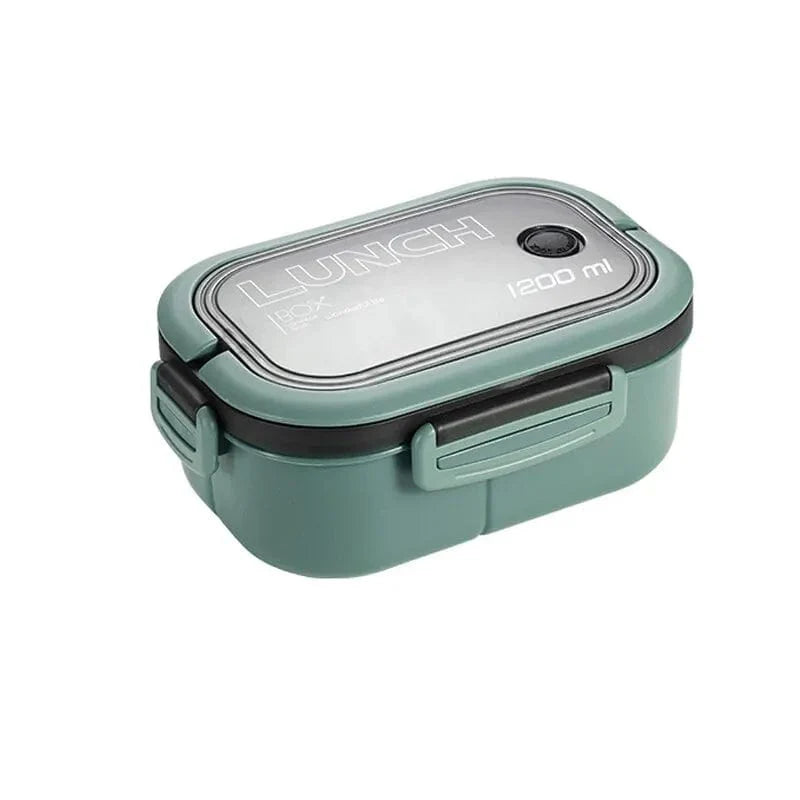 Showlu Double-Layer 1200ml lunch box with microwave-safe compartments, included fork and spoon for portable bento-style meals.