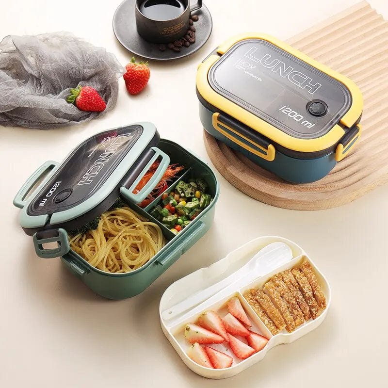 Showlu double-layer 1200ml lunch box with compartments, microwave-safe, includes fork and spoon for portable meal storage.