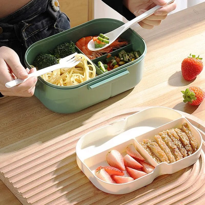 Showlu Double-Layer 1200ml lunch box with compartments, utensils, and microwave-safe design for portable food storage.
