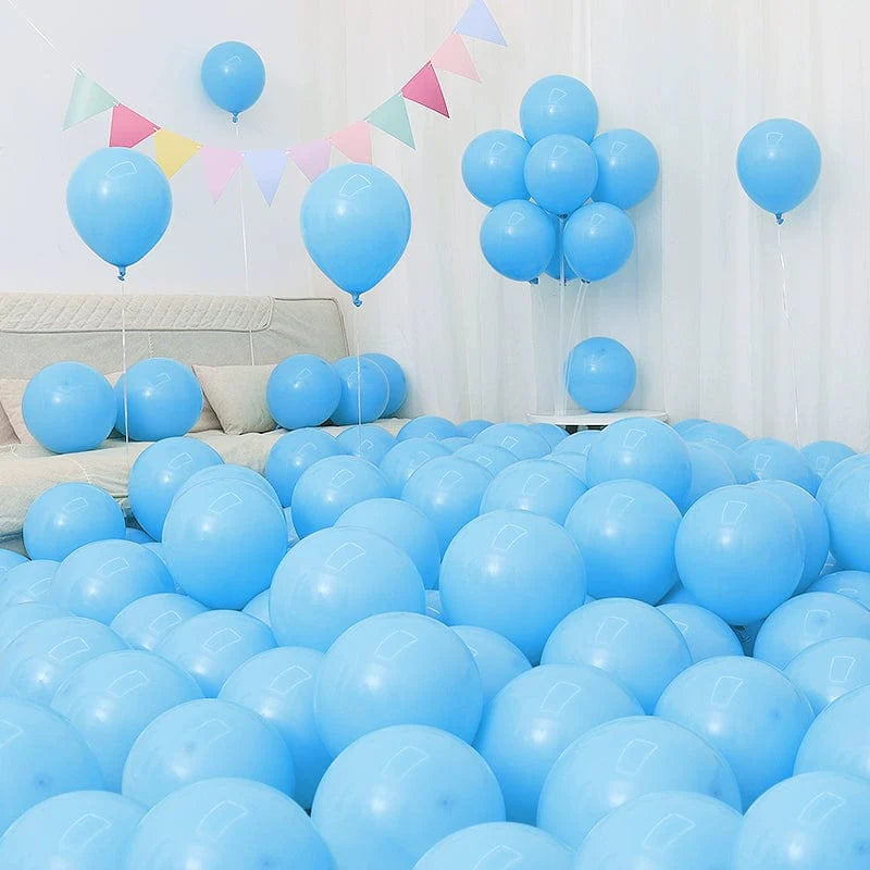 Showlu Macaron Blue Balloon Set with dark and light blue, white balloons for birthday or graduation decorations.