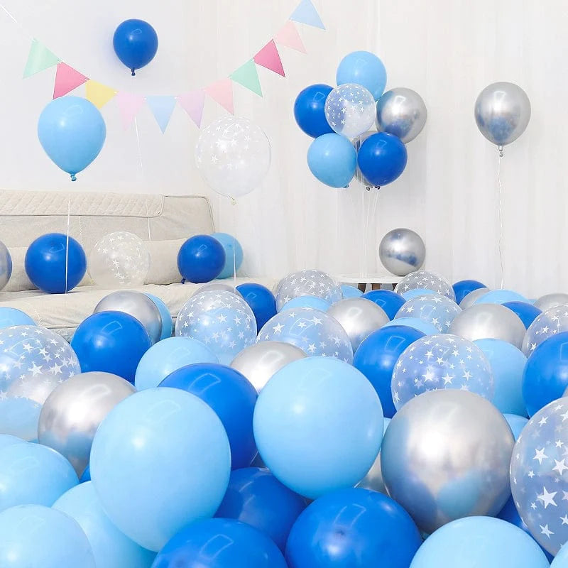 Showlu Macaron Blue Balloon Set with dark and light blue, white balloons for birthday or celebration decorations