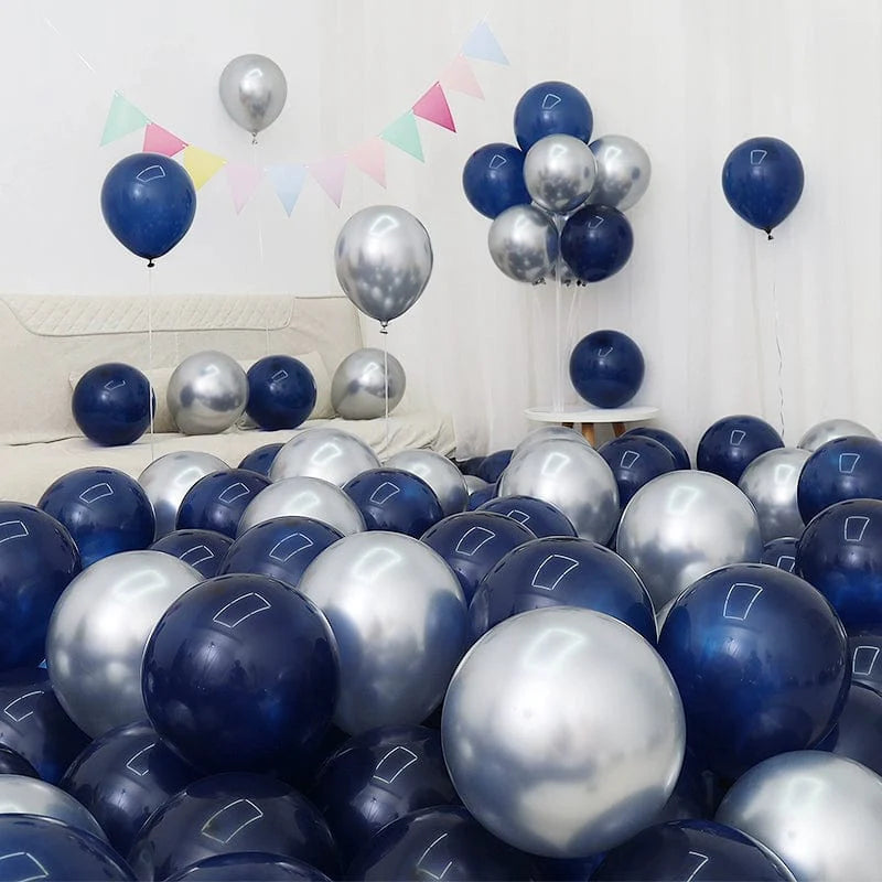 Six blue and white Showlu Macaron balloons with matching blue and white balloons for birthday or graduation celebration decoration