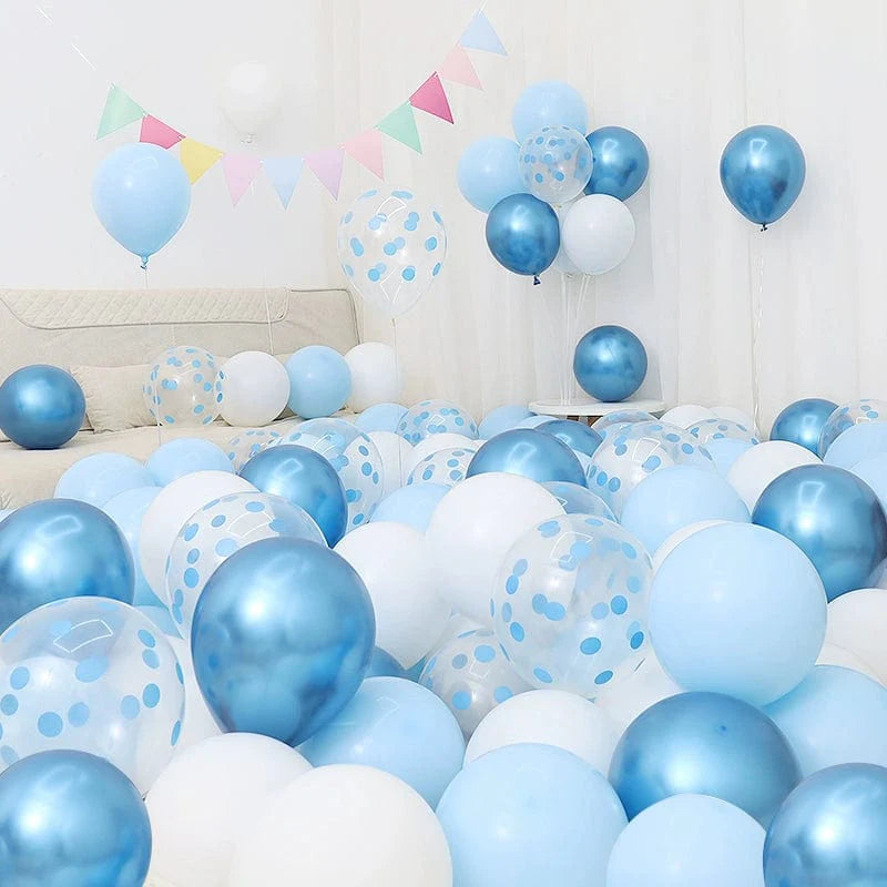 Six blue and white macaron-shaped balloons for birthday or graduation decorations, arranged in a festive scene.