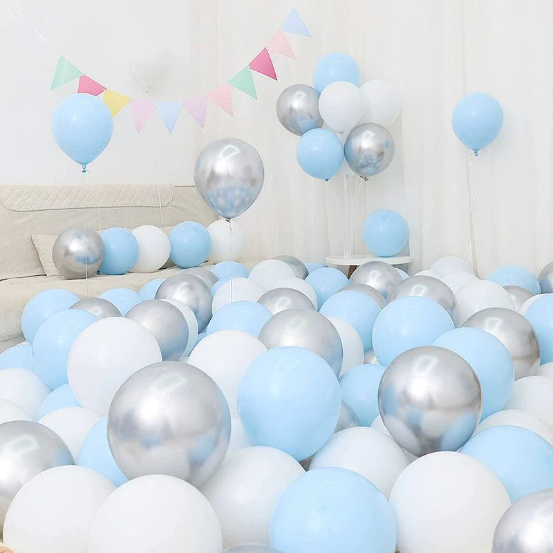 Showlu Macaron Blue Balloon Set with dark and light blue and white balloons, ideal for birthday or graduation decorations.