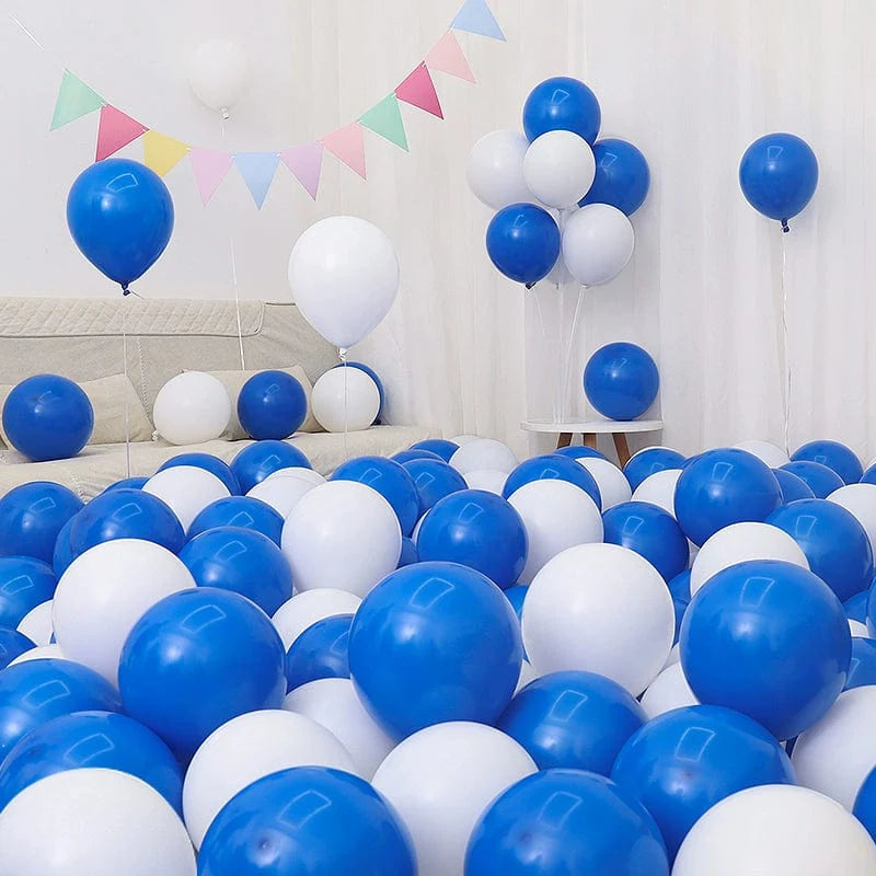Showlu Macaron Blue Balloon Set with dark and light blue balloons for birthday or graduation decorations on a festive scene.