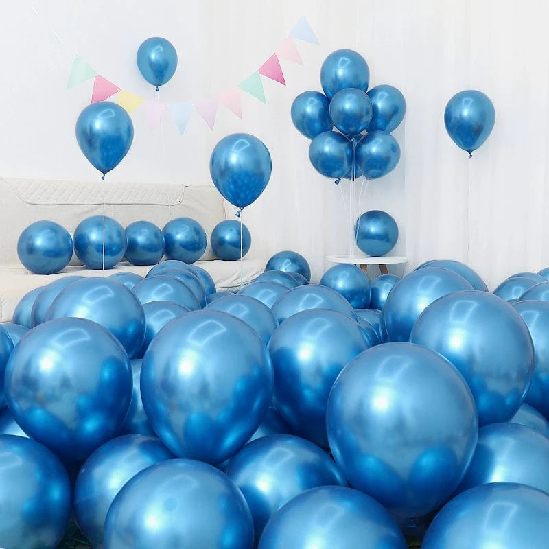 Six blue and white macaron-shaped balloons from Showlu Macaron Blue Balloon Set for birthday or graduation decorations.