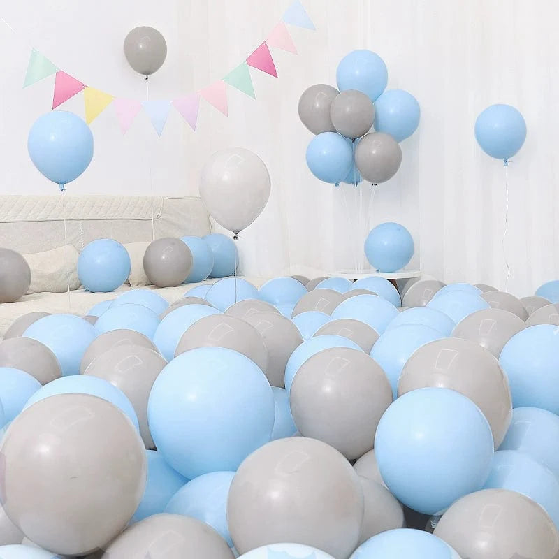 Set of six blue and white macaron-shaped balloons for birthday or celebration decoration, featuring dark and light blue tones.