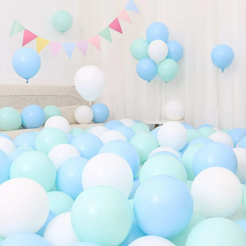 Set of six blue and white macaron-shaped balloons for birthday and celebration decorations, featuring dark and light blue hues