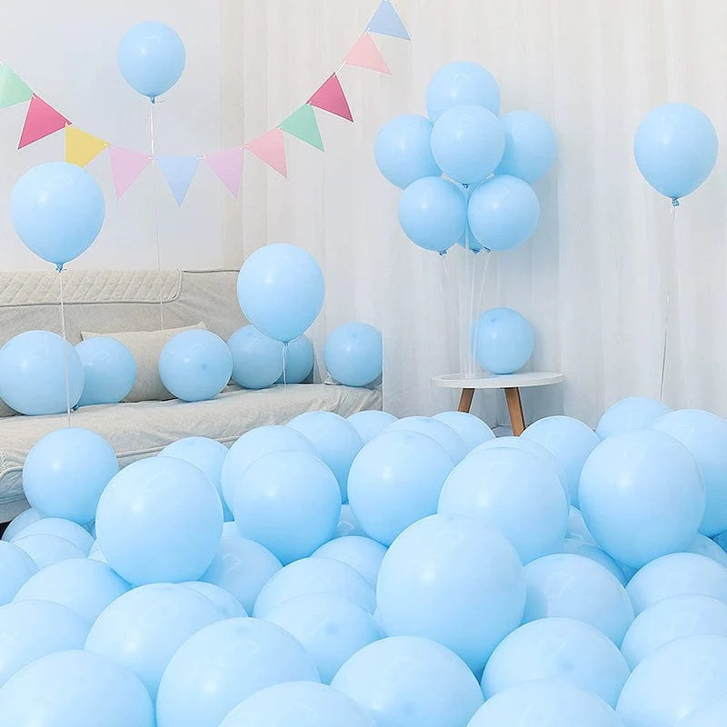 Six blue and white Macaron Blue Balloons set for birthday or graduation decorations, featuring dark and light blue balloons.