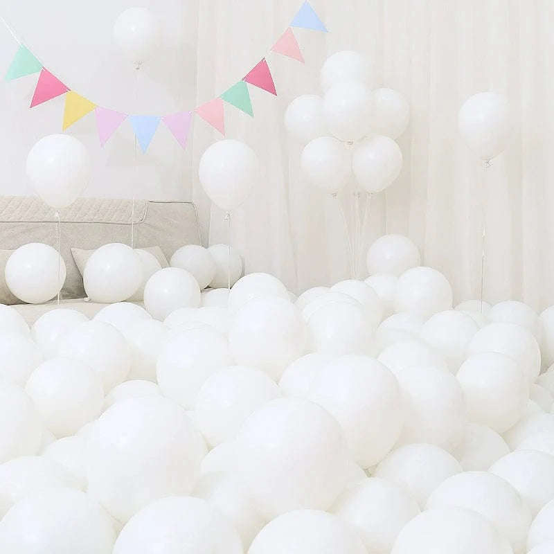 Showlu Macaron Blue Balloon Set with six light and dark blue and white balloons for birthday or graduation decorations.