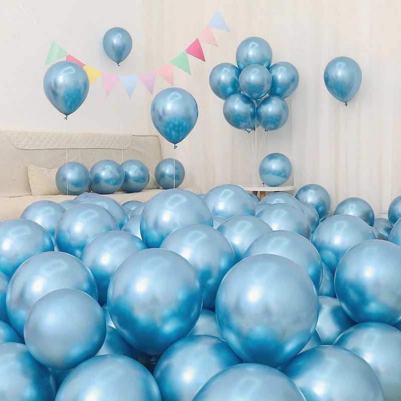Showlu Blue Balloon Set with six blue and white macarons for birthday or graduation decorations in a festive scene.