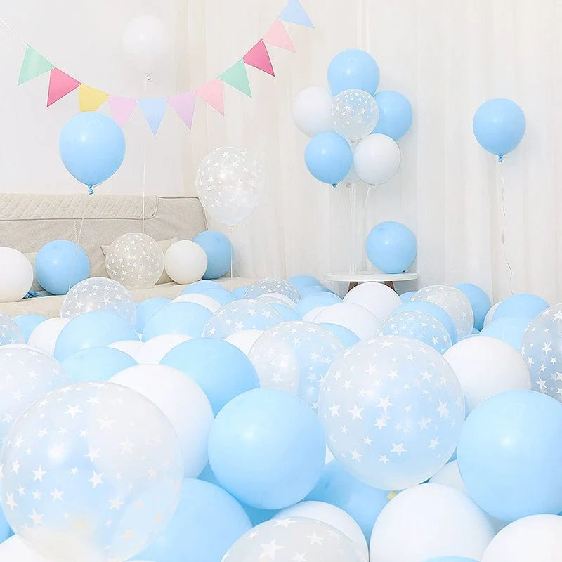 Six blue and white macaron-shaped balloons from Showlu Macaron Blue Balloon Set, ideal for birthday or graduation decorations