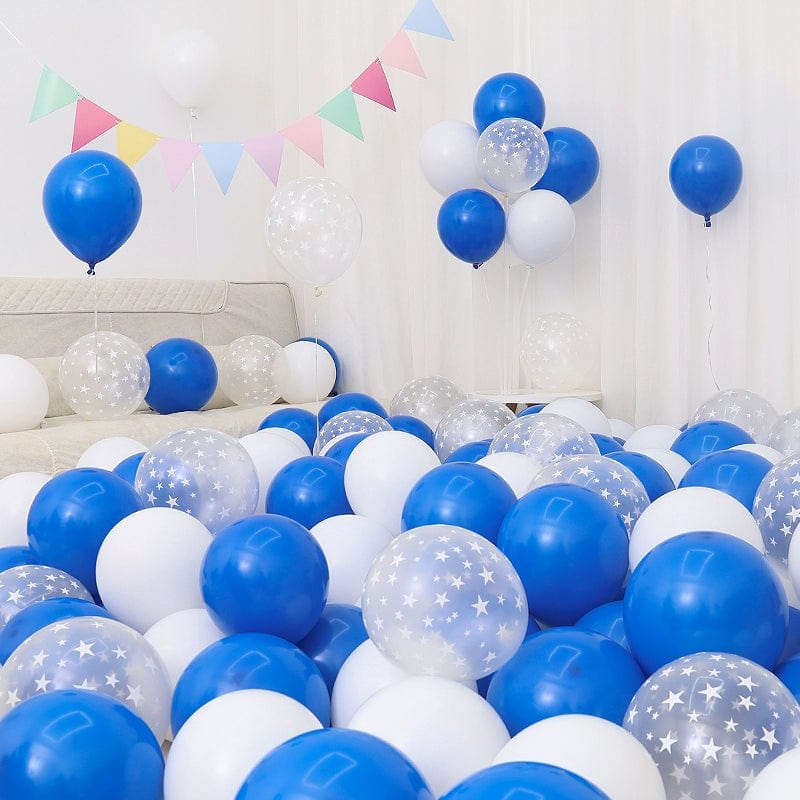 Showlu Macaron Blue Balloon Set with dark and light blue balloons, perfect for birthday or graduation decorations.