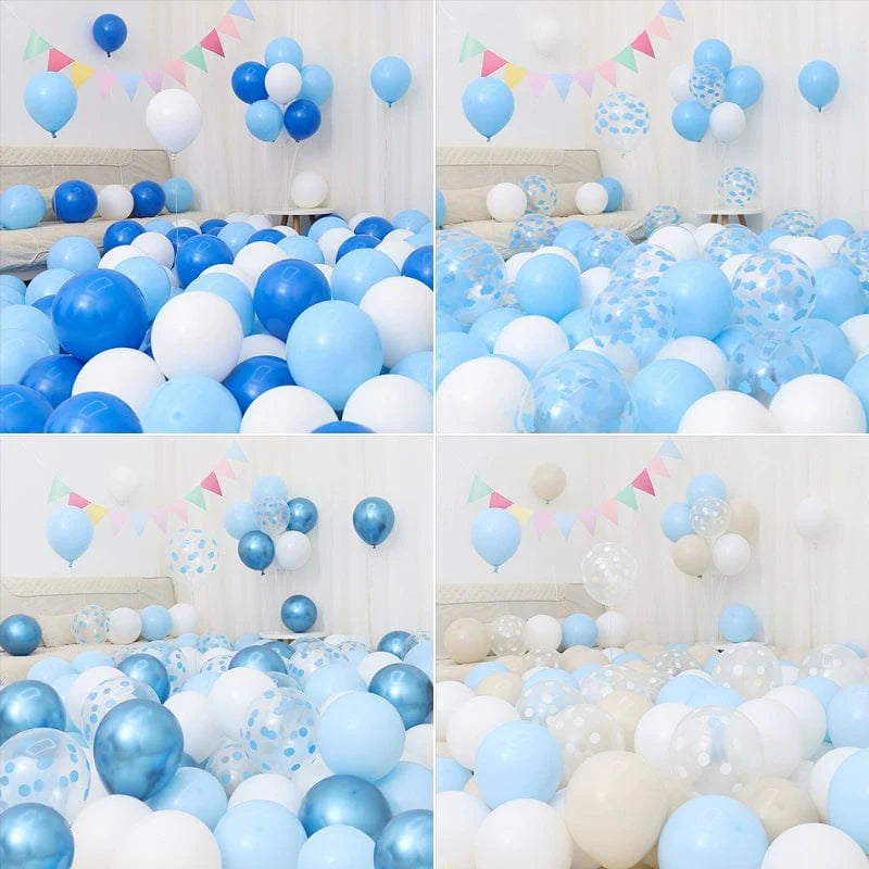 Six blue and white macarons with blue balloons for birthday or graduation decorations, aligned on a festive scene.