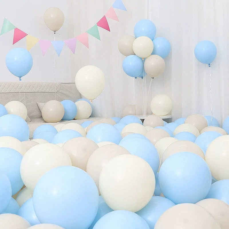 Showlu Blue Macaron and balloon set with dark and light blue, white balloons for birthday or graduation celebration decor.