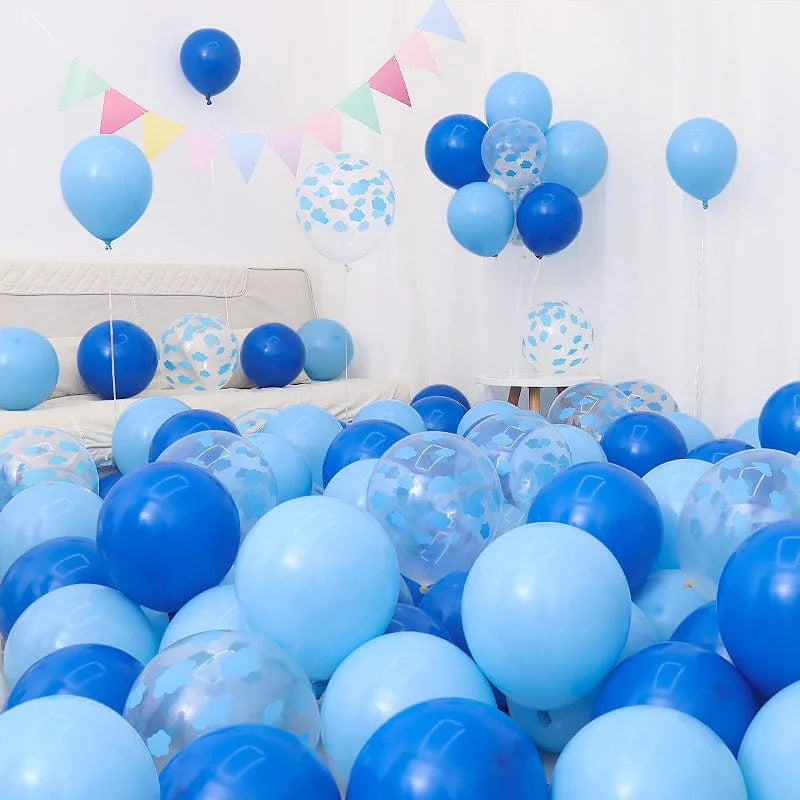 Set of six blue and white macaron-shaped balloons with blue and white birthday decorations, perfect for celebrations.