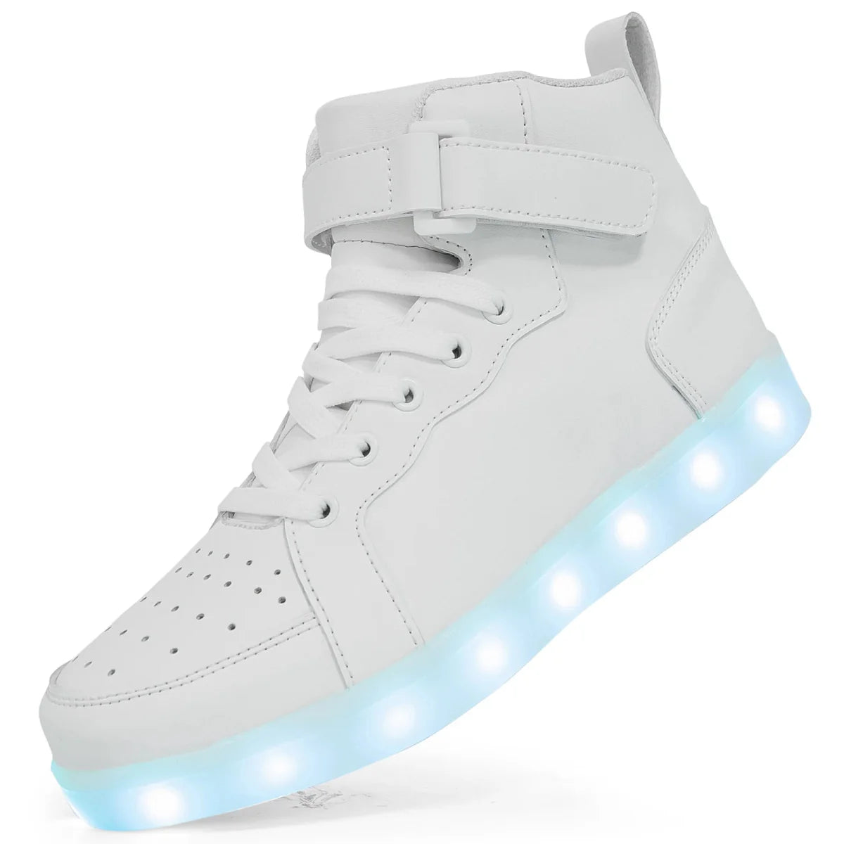 Kids LED glowing sneakers in unisex leather with luminous soles, size 25-40, perfect for boys and girls.