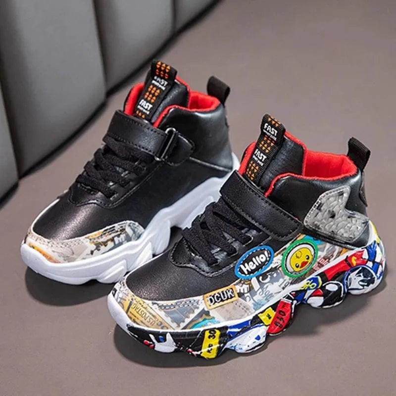 Showlu Kids cartoon graffiti sports sneakers for girls and boys, casual unisex shoes with colorful graffiti pattern and athletic design.
