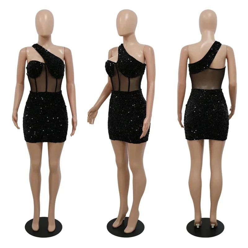 Showlu Fashion Women's mesh sequin mini dress with one-shoulder design, see-through fabric, slim fit, perfect for parties or club nights.