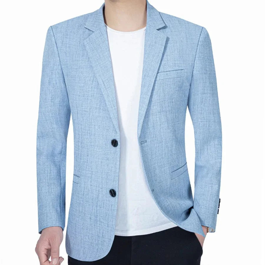 Sky blue men's slim fit blazer by SHOWLU FASHION, casual business suit jacket with formal style, perfect for spring and autumn wear.