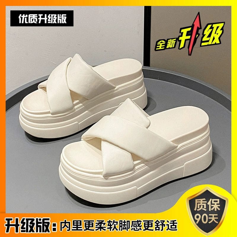 Thick King Women's Platform Muffin Sandals with high heels, summer slip-on slippers featuring a slanted heel and trendy design.