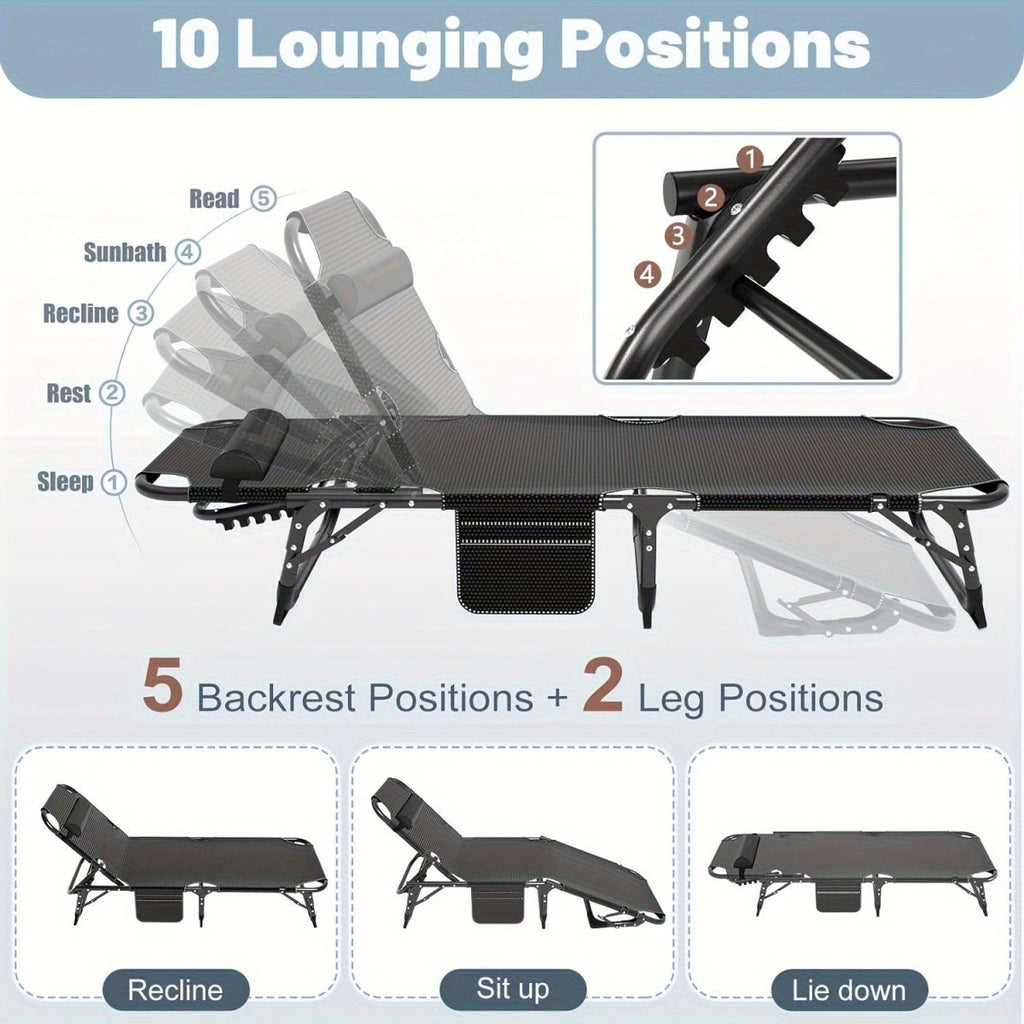 SHOWLU FASHION 5-position folding camping cot and outdoor lounge chair for adults, portable and adjustable for beach, lawn, or camping.