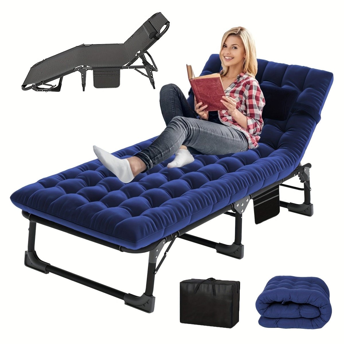 SHOWLU FASHION 5-position folding camping cot and outdoor lounge chair, portable bed for beach, lawn, camping, or poolside relaxation.
