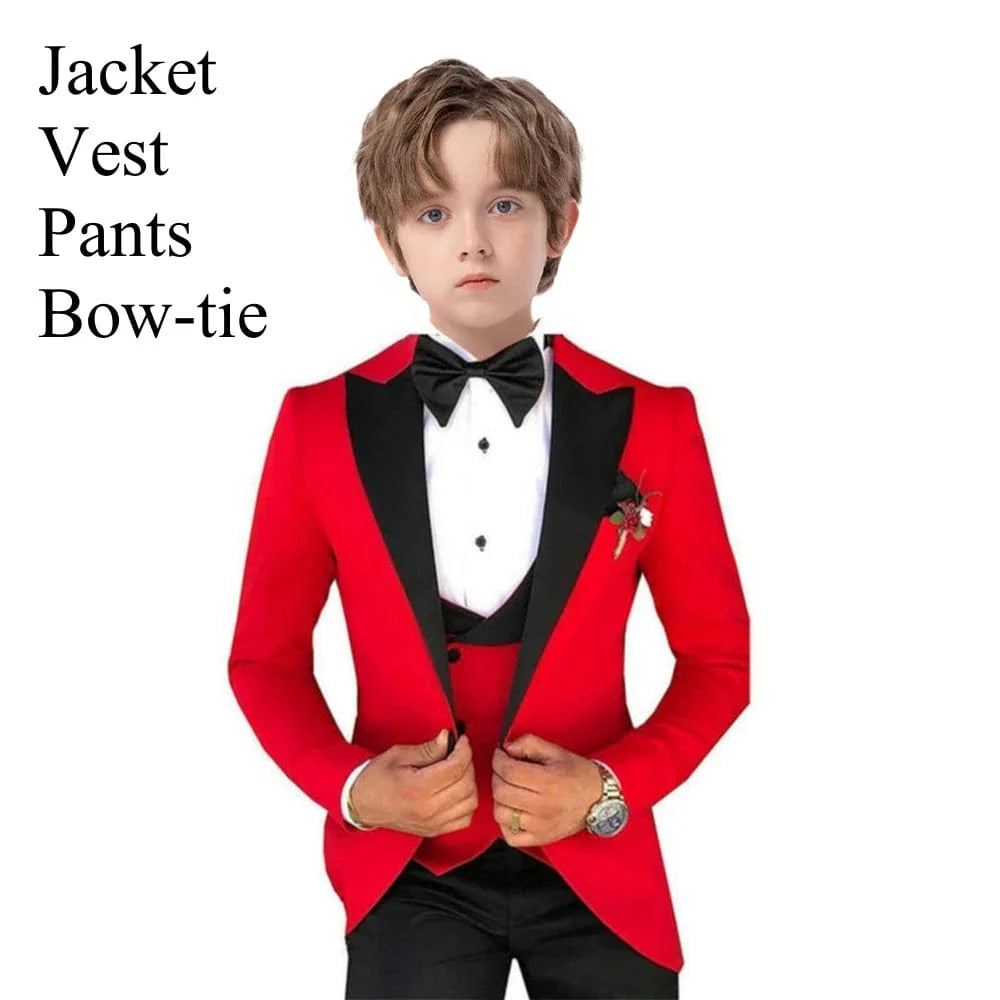 Slim fit boys tuxedo suit set with blazer, vest, and pants, perfect for formal occasions like weddings and proms.