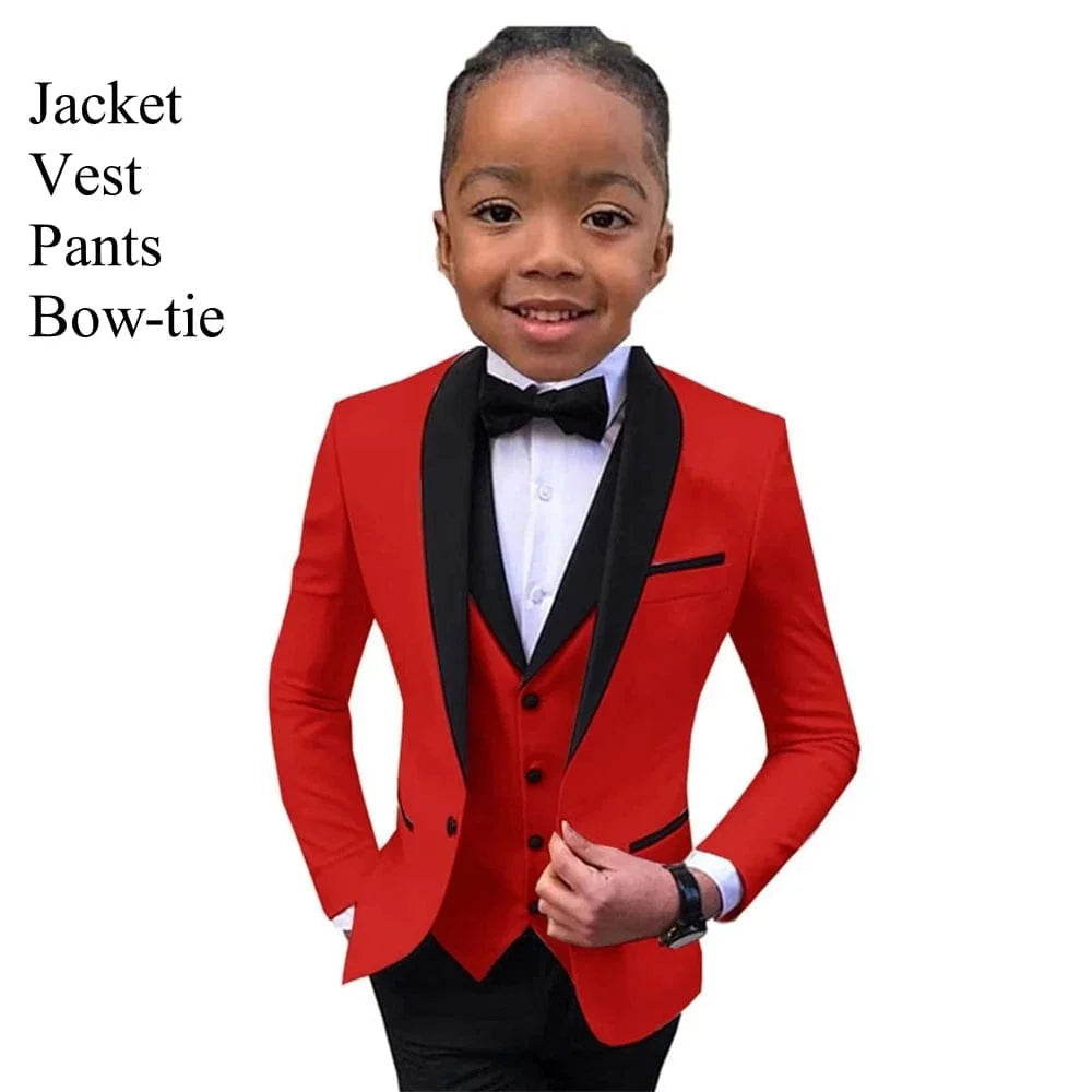 Showlu Boys 3-Piece Slim Fit Tuxedo Suit with blazer, vest, and pants for formal occasions like weddings and prom.