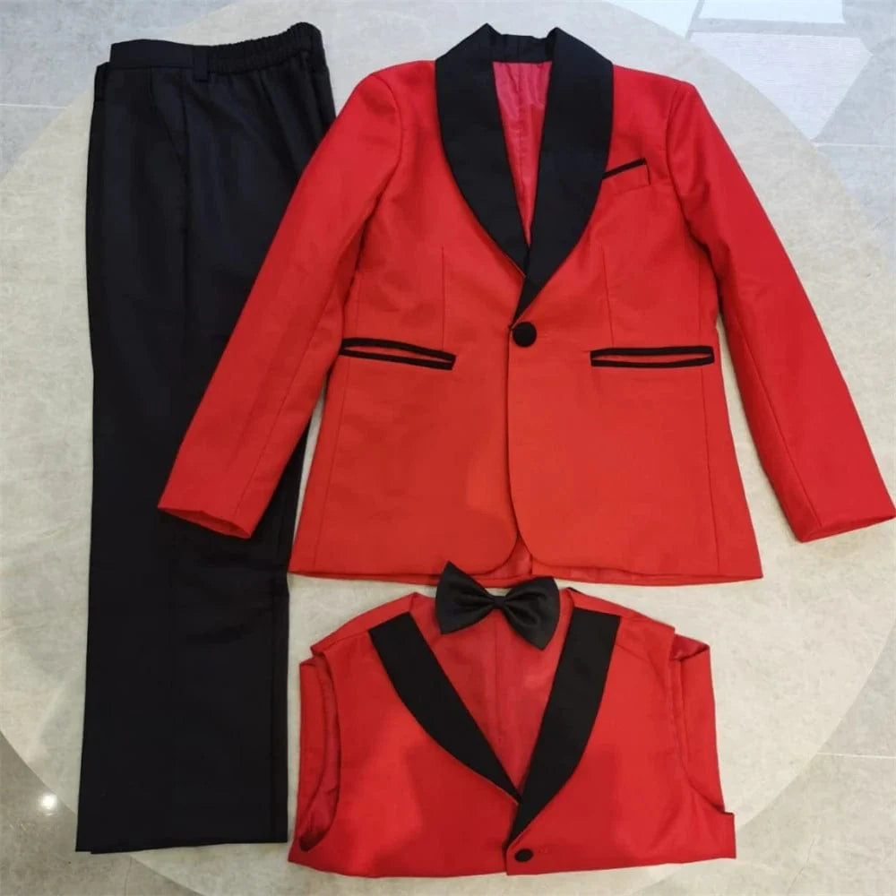 Showlu Boys 3-piece slim fit tuxedo suit with blazer, vest, and pants, perfect for formal occasions like weddings and proms.