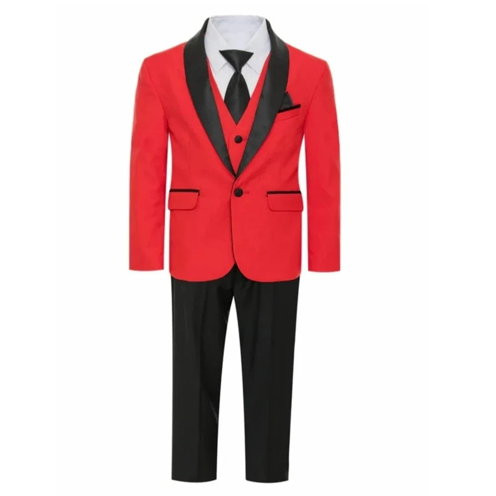 Slim fit boys' tuxedo suit set with blazer, vest, and pants, perfect for formal occasions like weddings and proms.