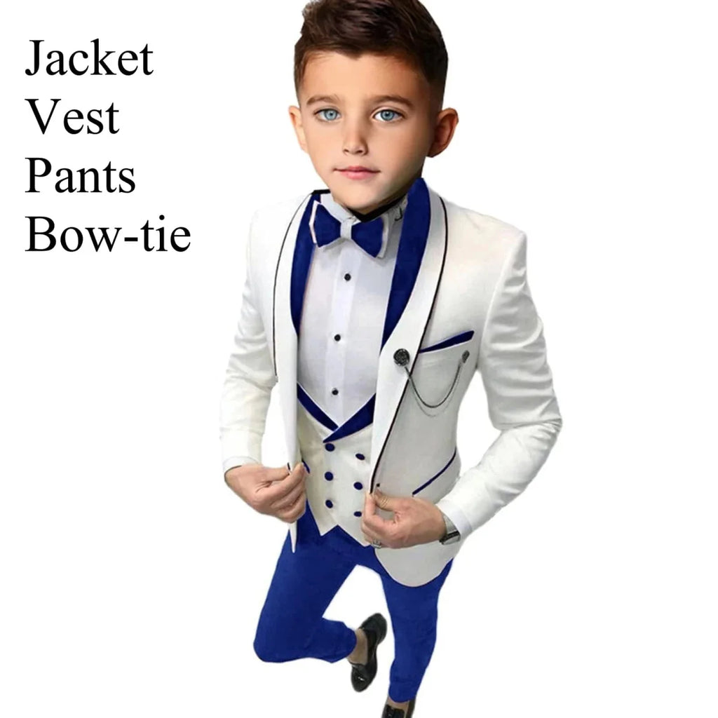 Showlu Boys 3-piece slim fit tuxedo suit set with blazer, vest, and pants, ideal for formal occasions like weddings and proms.
