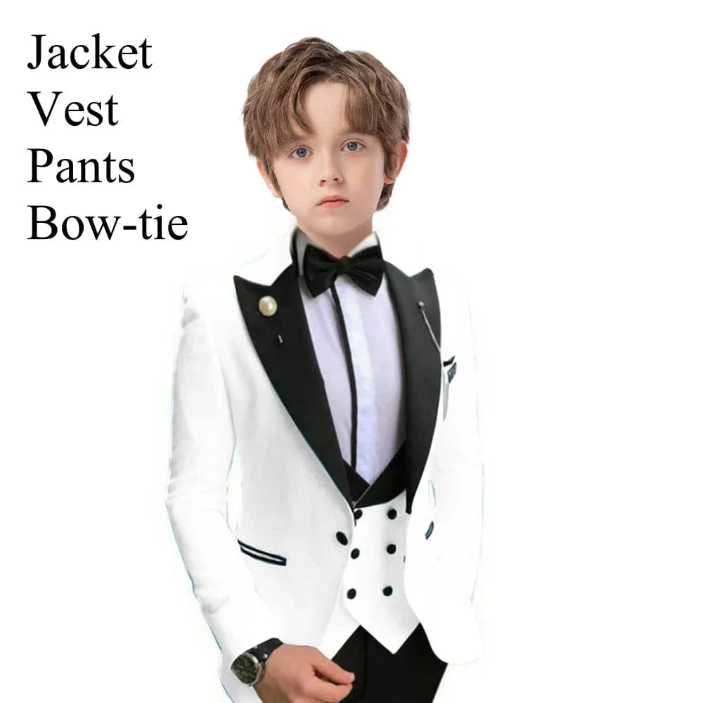 Showlu Boys 3-piece slim fit tuxedo suit set with blazer, vest, and pants, ideal for formal occasions like weddings and proms.