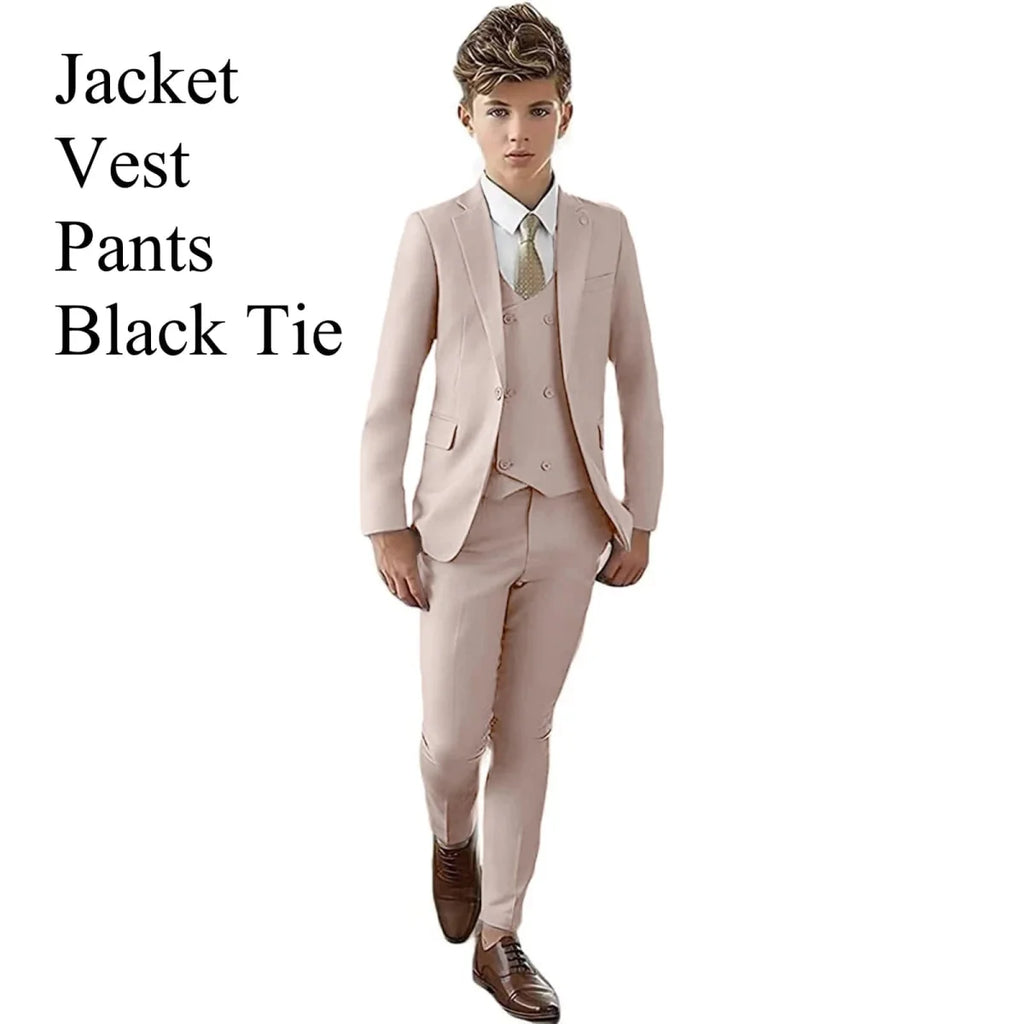 Showlu boys' 3-piece slim fit tuxedo suit with blazer, vest, and pants, perfect for formal occasions like weddings and proms.