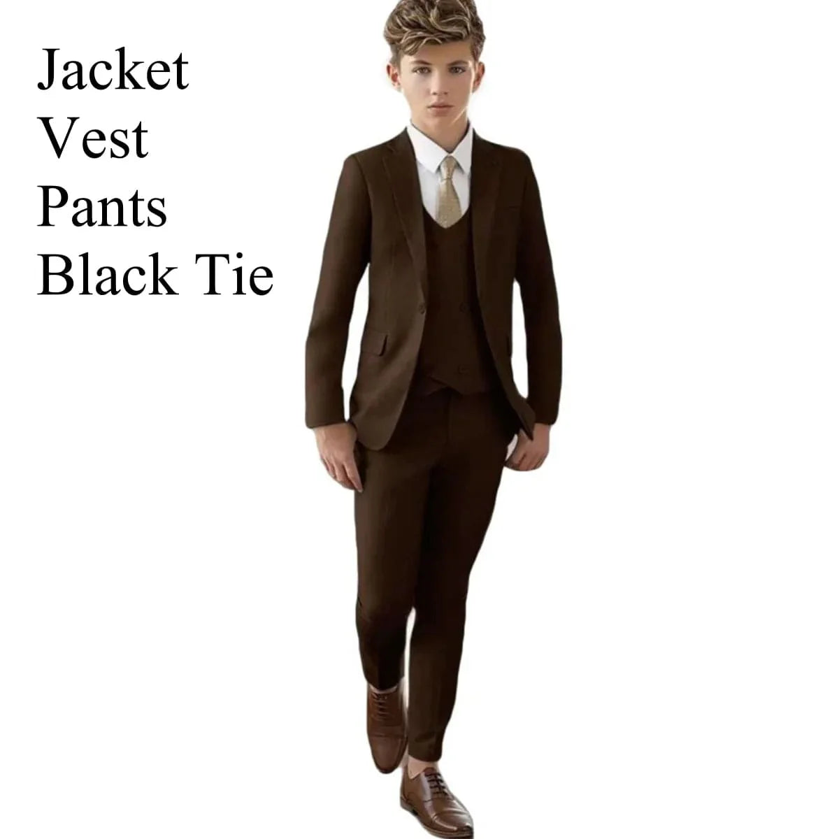 Showlu Boys 3-piece slim fit tuxedo suit with blazer, vest, and pants, perfect for formal occasions like weddings and prom.