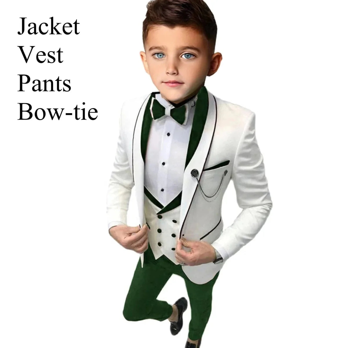 Showlu Boys 3-piece slim fit tuxedo suit including blazer, vest, and pants, perfect for formal occasions and special events.