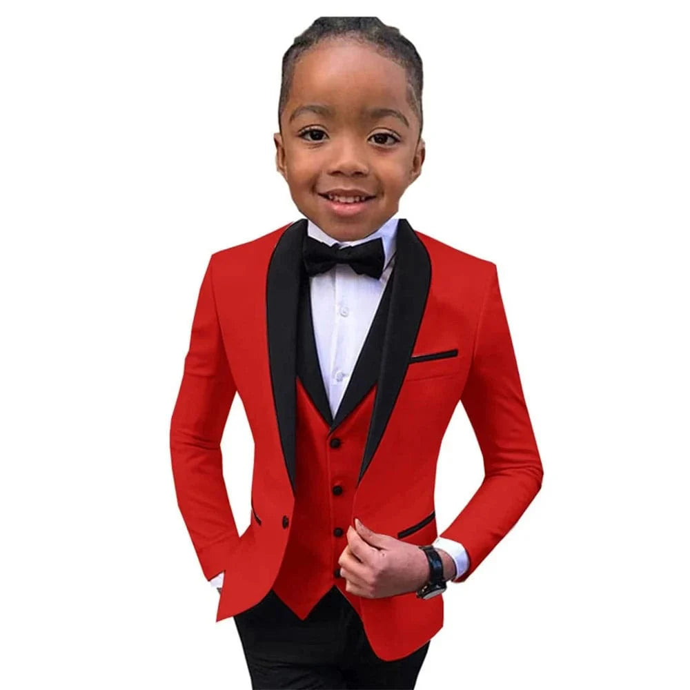 Showlu Boys 3-piece slim fit tuxedo suit set with blazer, vest, and pants, perfect for formal occasions like weddings and prom.