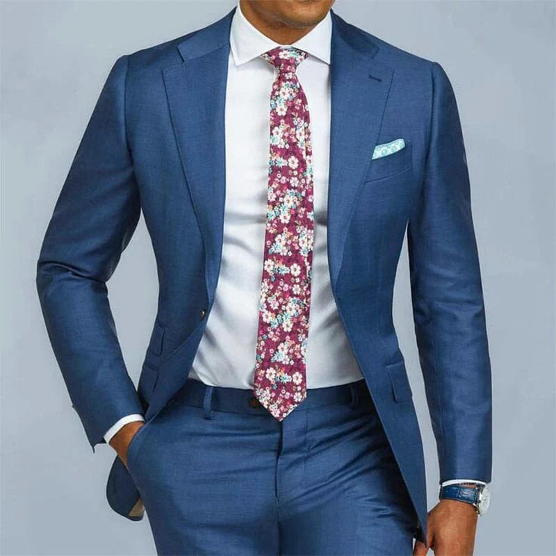 Beige men's slim-fit 2-piece suit with notched lapel, featuring a tuxedo jacket and matching pants for formal occasions.