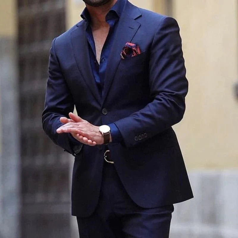 Beige men's slim fit 2-piece tuxedo with notched lapel, tailored jacket and matching pants, suitable for wedding or formal events.