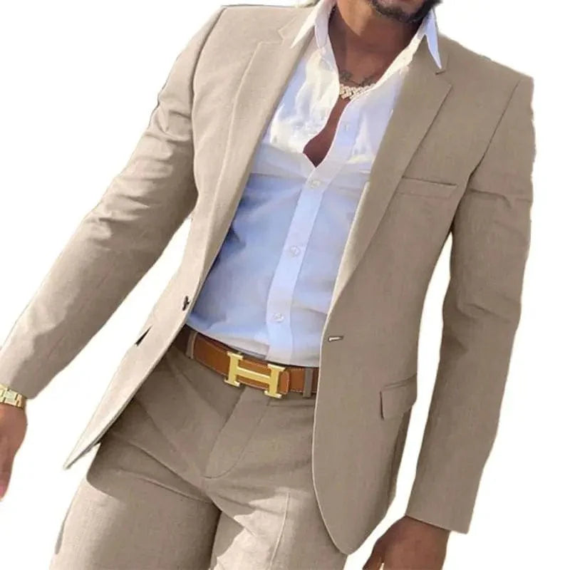 Beige men's slim fit 2-piece tuxedo suit with notched lapel, designed for weddings and formal events, by SHOWLU FASHION STORE.