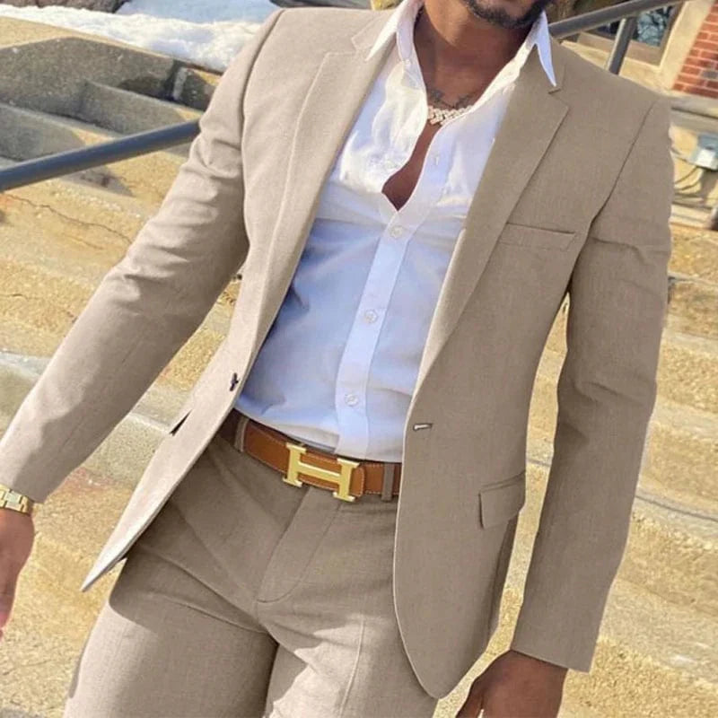 Beige men's 2-piece slim fit suit with notched lapel, ideal for weddings and formal events, featuring jacket and matching pants.