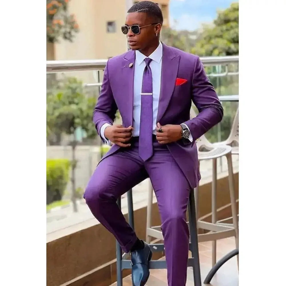Slim fit men's two-piece suit by SHOWLU FASHION STORE, featuring a single-breasted wool blend tuxedo jacket and matching pants.