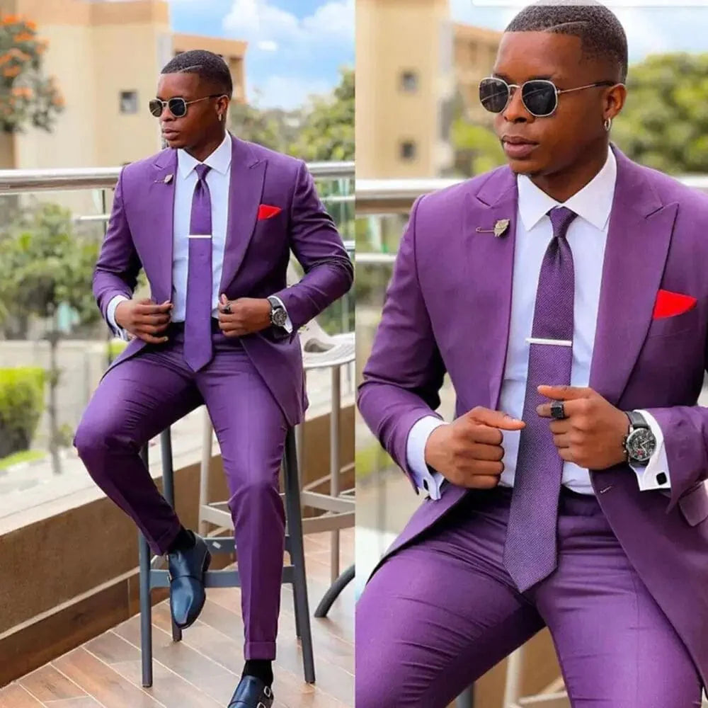 Slim fit men's two-piece suit by SHOWLU FASHION STORE, featuring a single-breasted wool blend tuxedo jacket and matching pants.
